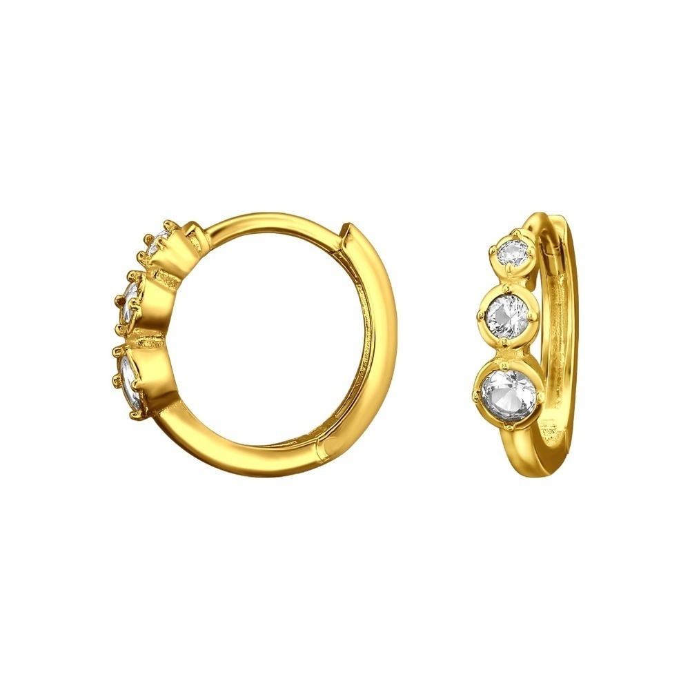 18K Gold Plated Sterling Silver Hoop Earrings – 0.5" with Triple CZ Accents